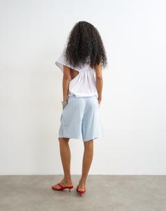 Model wearing Bermuda short in sky blue
