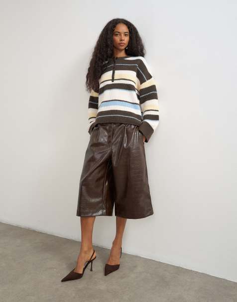 Topshop bermuda trapèze en imitation cuir effet croco chocolat - view 1