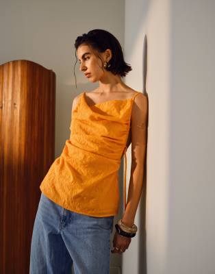 Topshop - Besticktes Camisole in Orange mit gerafften Seiten