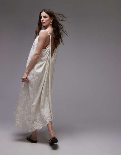 Topshop – Besticktes Midikleid in Elfenbein mit Bindeträgern, 3 von 4