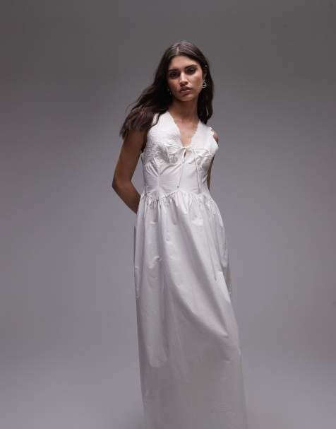 Topshop – Besticktes Midikleid in Weiß mit gebundener Vorderseite - view 1