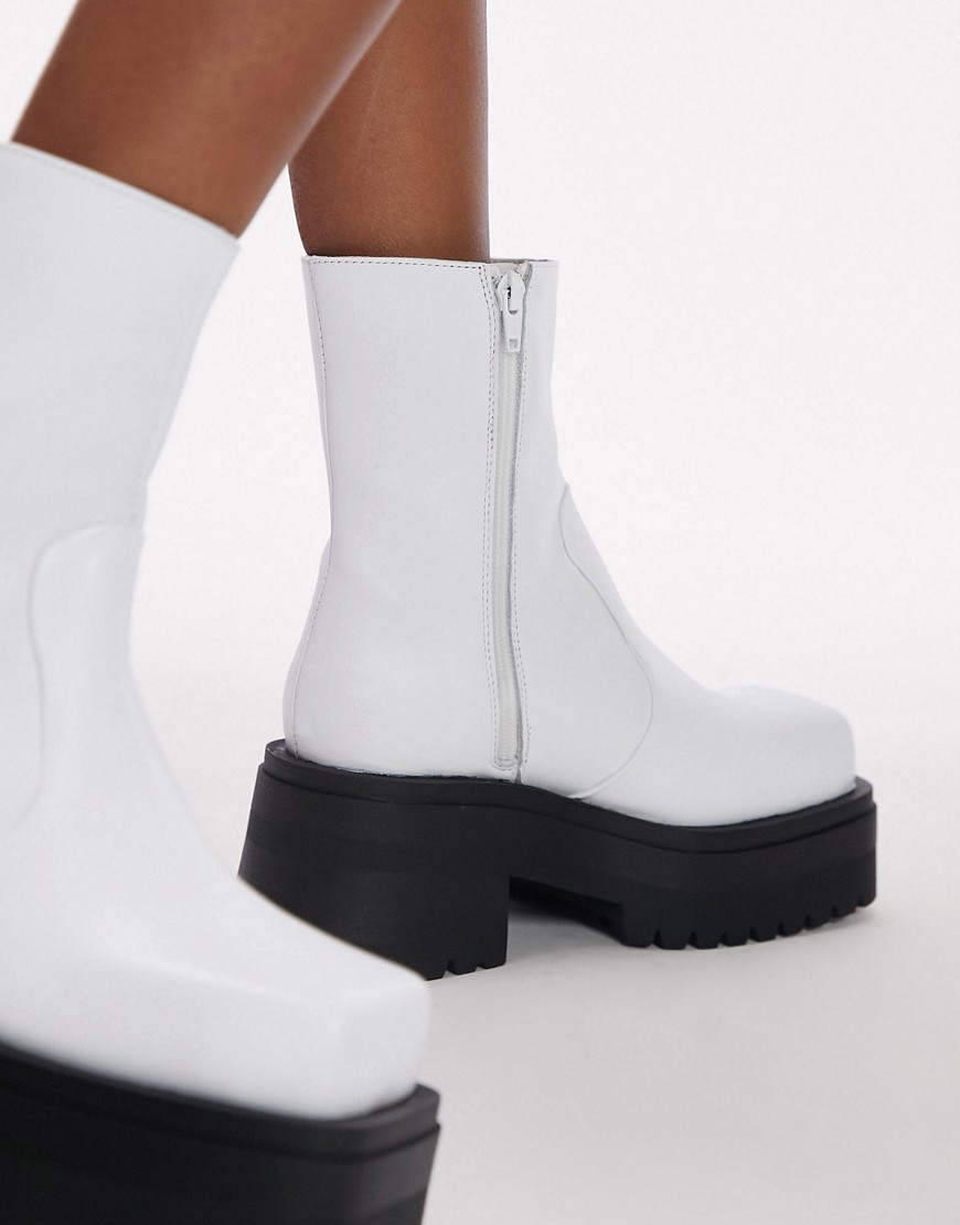 Topshop Beth Premium Leather Square Toe Ankle Boot In White