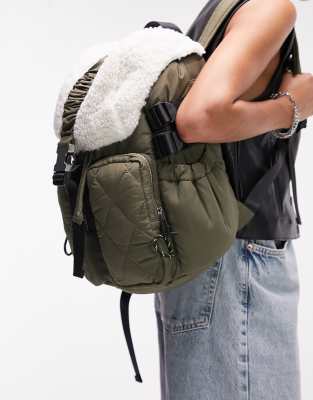 Topshop beth quilted borg backpack in khaki - ASOS Price Checker
