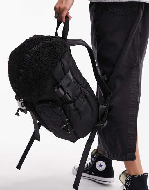 Topshop - Beth - Sac à dos matelassé en imitation peau de mouton - Noir, 4 de 4