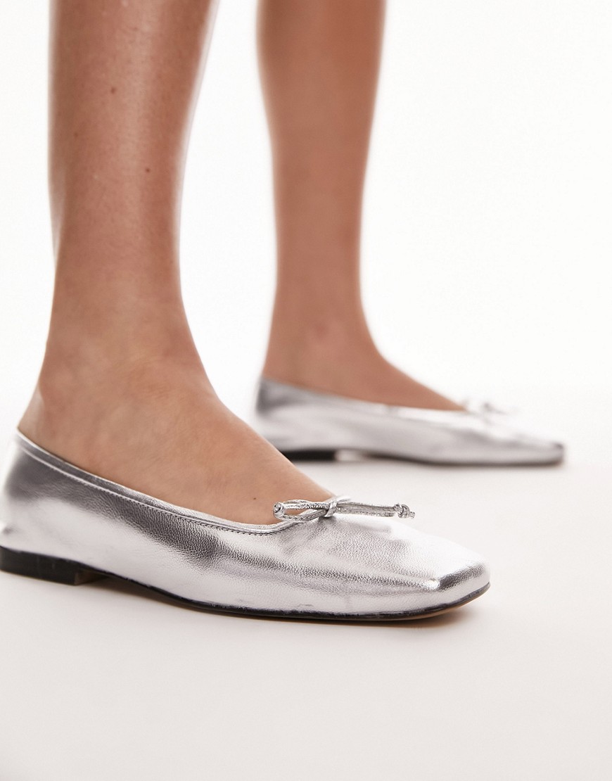 Topshop Bethany leather square toe unlined ballerina shoe in silver