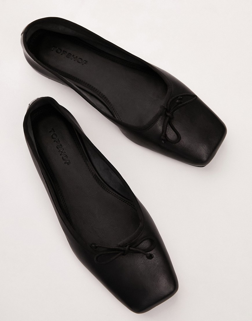 Topshop Bethany Leather Square Toe Unlined Ballerina Shoes In Black