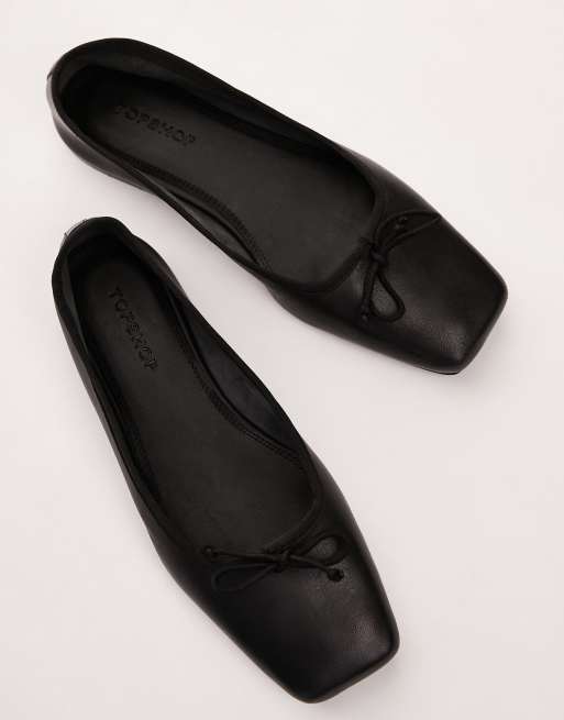 Topshop Bethany leather square toe unlined ballet flats in black | ASOS