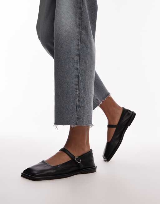 Topshop - Betty - Ballerine nere in pelle con punta squadrata