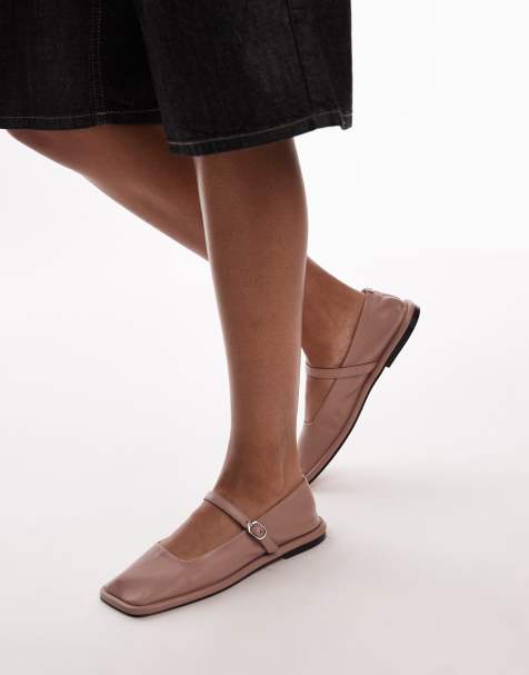 Topshop – Betty – Skórzane balerinki z kwadratowymi noskami w kolorze neutralnym - view 1