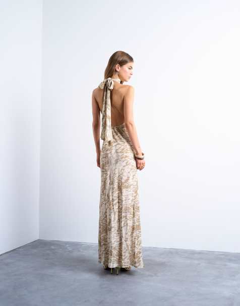 Topshop full neck halter midi dress in beige abstract zebra