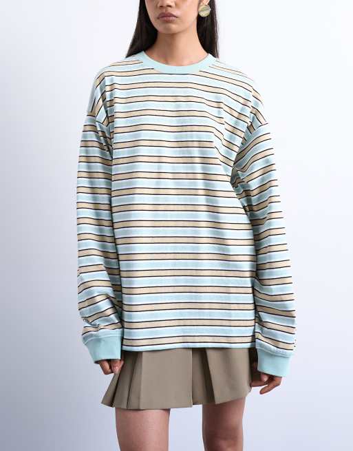 Topshop – Beżowy luźny T-shirt skater z długimi rękawami w paski