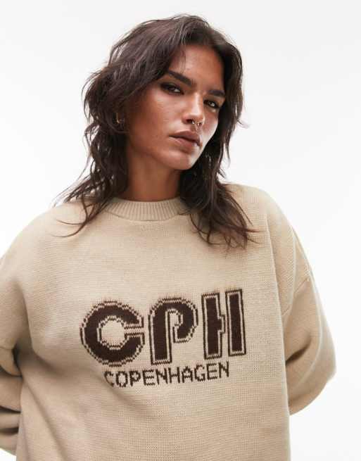 Topshop – Beżowy sweter z dzianiny z napisem „Copenhagen”