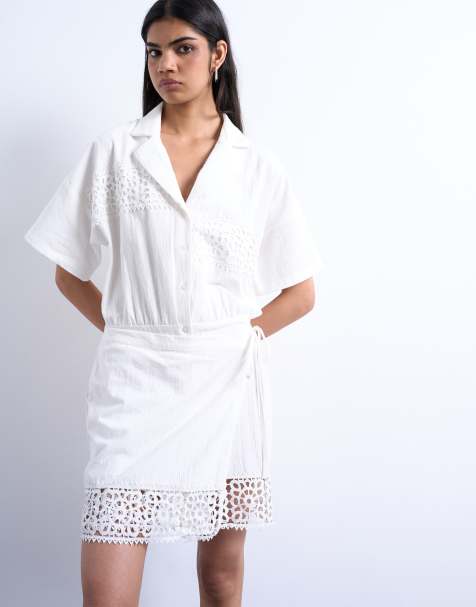 Topshop cotton crochet wrap skirt shirt dress in white