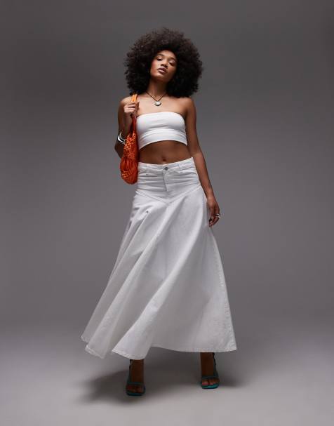 Topshop denim maxi front yoke skirt in white