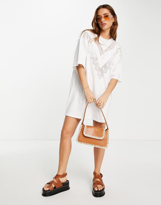 Topshop – Biała koszulka oversize z koronkowymi wstawkami
