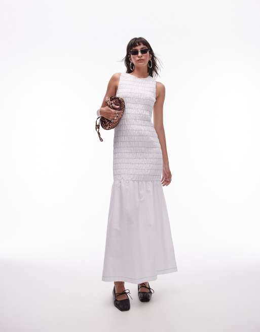 Topshop – Biała marszczona sukienka maxi z kontrastowym szwem