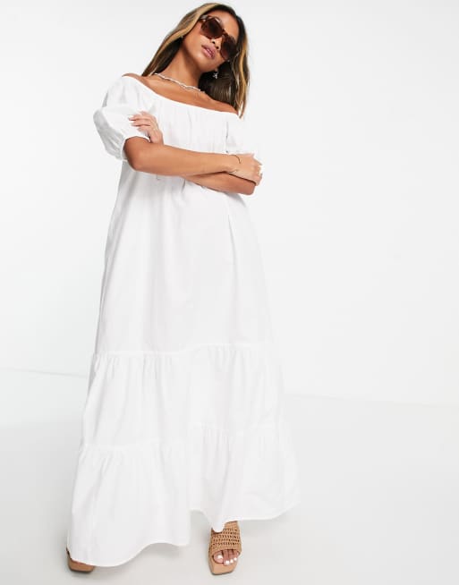 Topshop – Biała sukienka maxi z marszczonymi rękawami