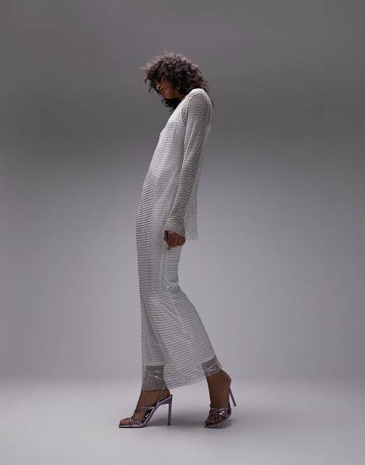 Topshop – Biała sukienka maxi z siateczki w romby