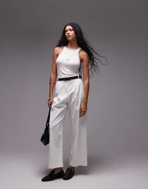 Topshop premium double pleat straight leg tailored trouser in white