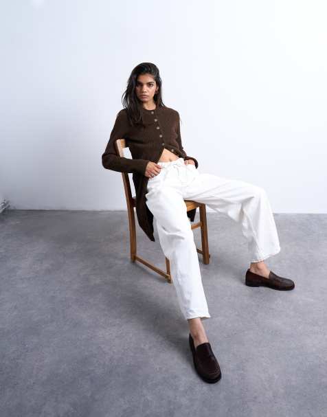 Topshop mid rise tie belt barrel jean in white