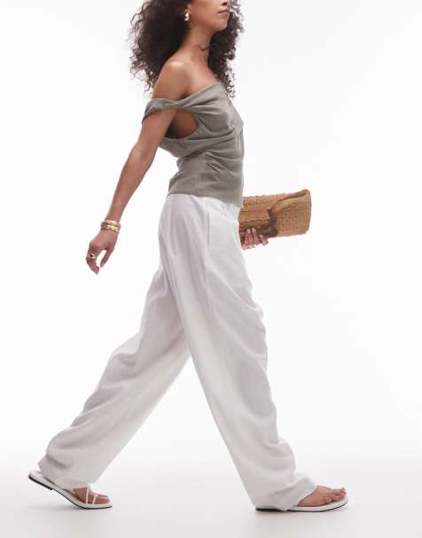 Topshop linen barrel leg trouser in white