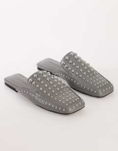 Model wearing Bianca studded flat shoe in grey
