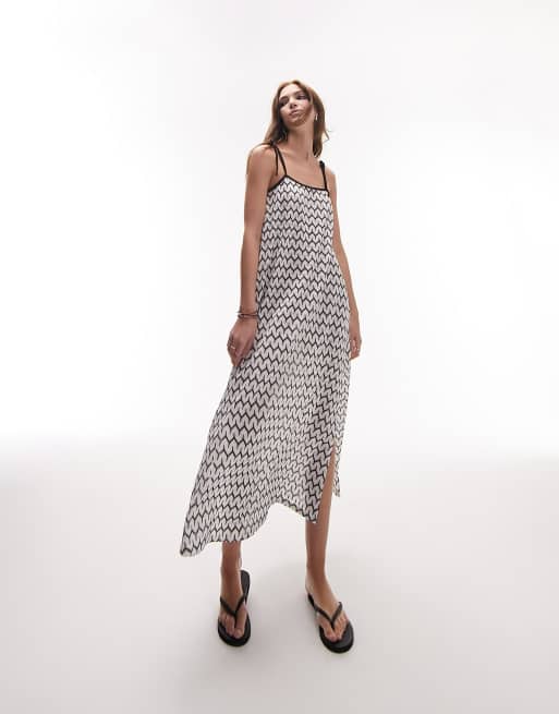 Topshop – Biało-czarna dzianinowa sukienka plażowa maxi z wiązanymi ramiączkami