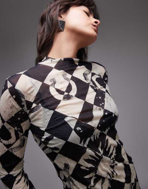 Topshop – Biało-czarny marszczony top z długimi rękawami we wzór w szachownicę