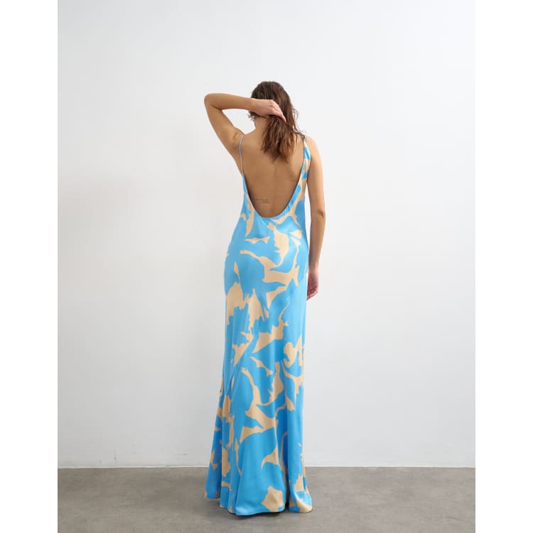 Topshop bias cut halter neck open scoop back satin maxi dress in blue floral  | ASOS