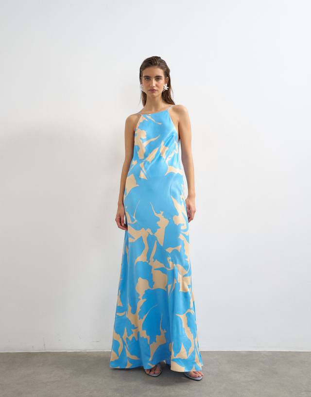 bias cut halter dress Topshop neck open scoop back satin maxi in blue floral option:48 Short SS-24 What to Wear to Satin dress size down