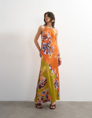 Topshop Bias Cut Halter Neck Open Scoop Back Satin Maxi Dress In Multi