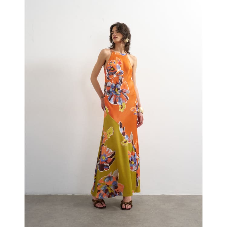 Topshop bias cut halter neck open scoop back satin maxi dress in bold  contrast floral | ASOS