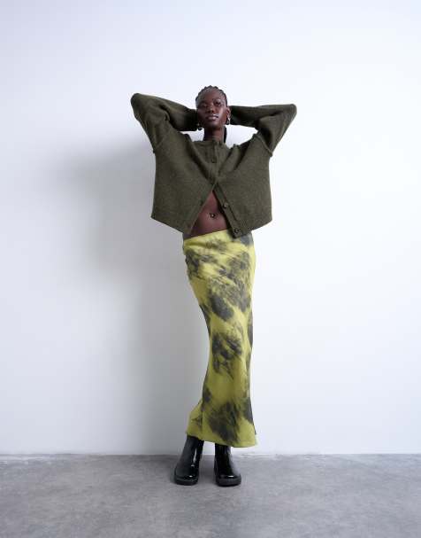 Topshop bias maxi skirt with blurred floral print in green - view 1