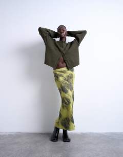 Bias maxi skirt with blurred floral print in green