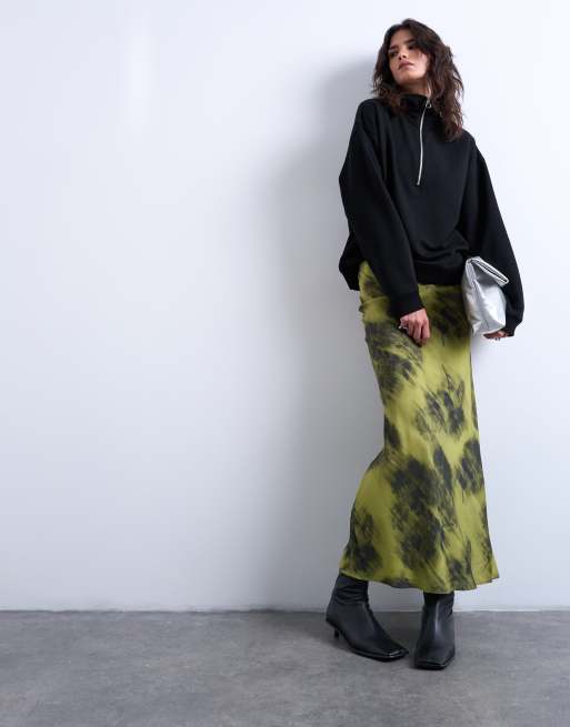 Topshop bias maxi skirt with blurred floral print in green, 2 of 5