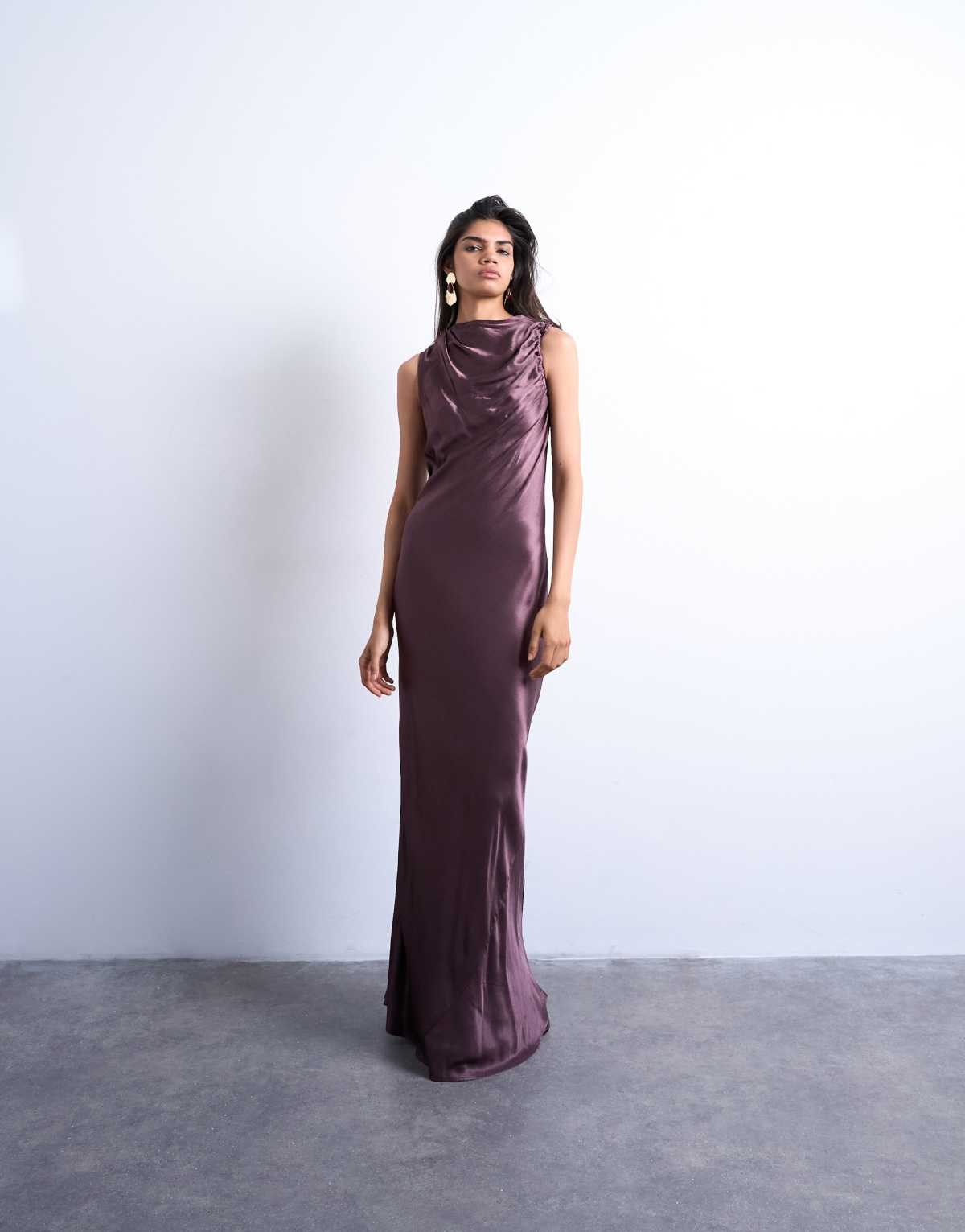 Topshop bias ruched arm hole maxi occasion dress in deep burgundy