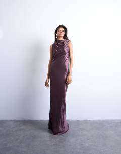 Bias ruched arm hole maxi occasion dress in deep burgundy