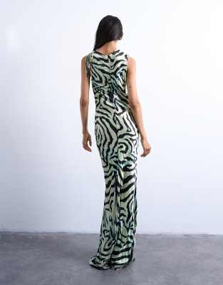 Topshop bias ruched arm hole maxi occasion dress in green zebra | ASOS