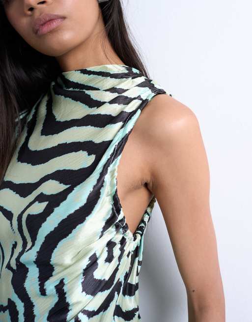 Topshop bias ruched arm hole maxi occasion dress in green zebra