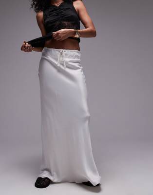 bias skirt with drawstring waist panel in ivory-White