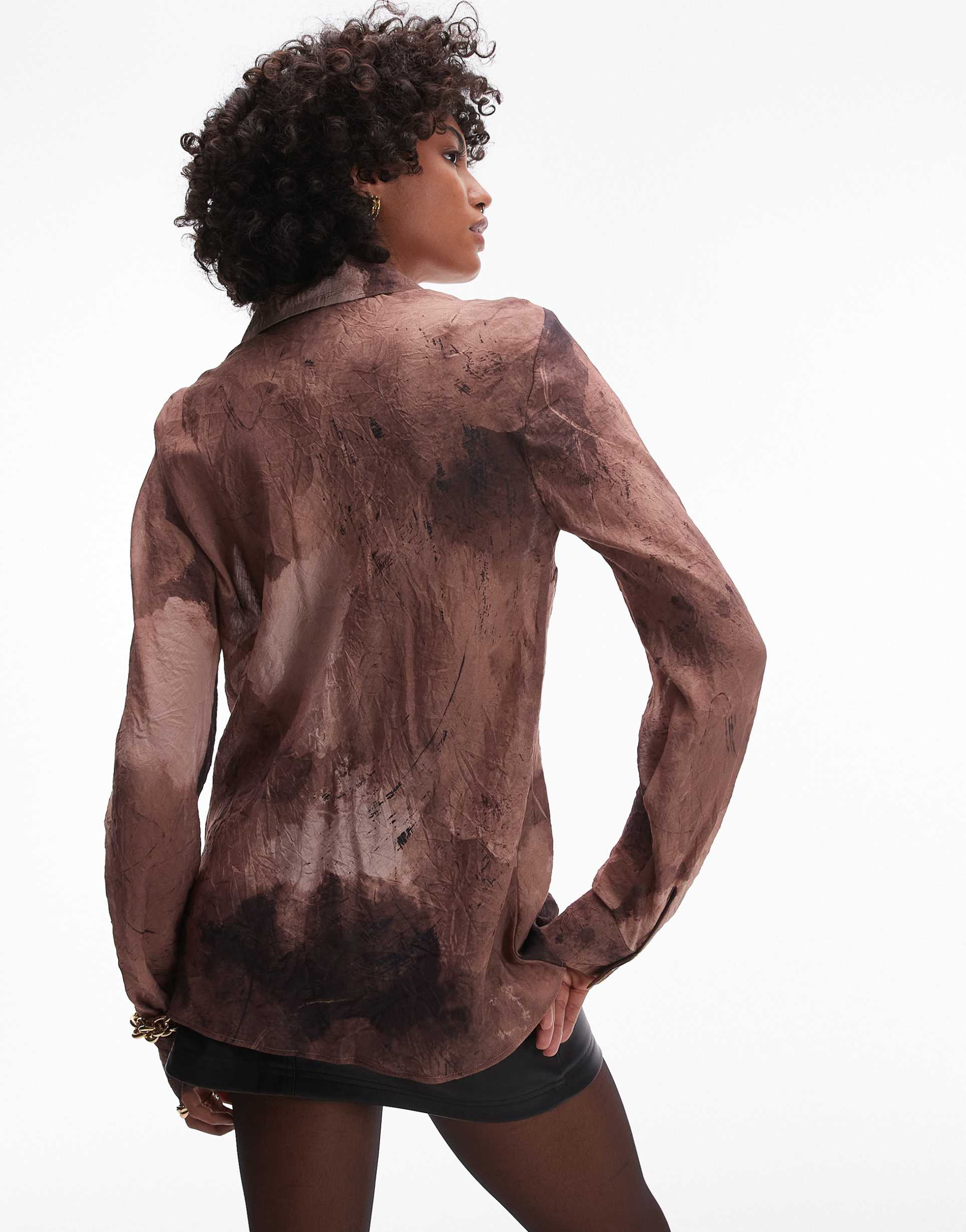 topshop bias textured shirt in brown spray print