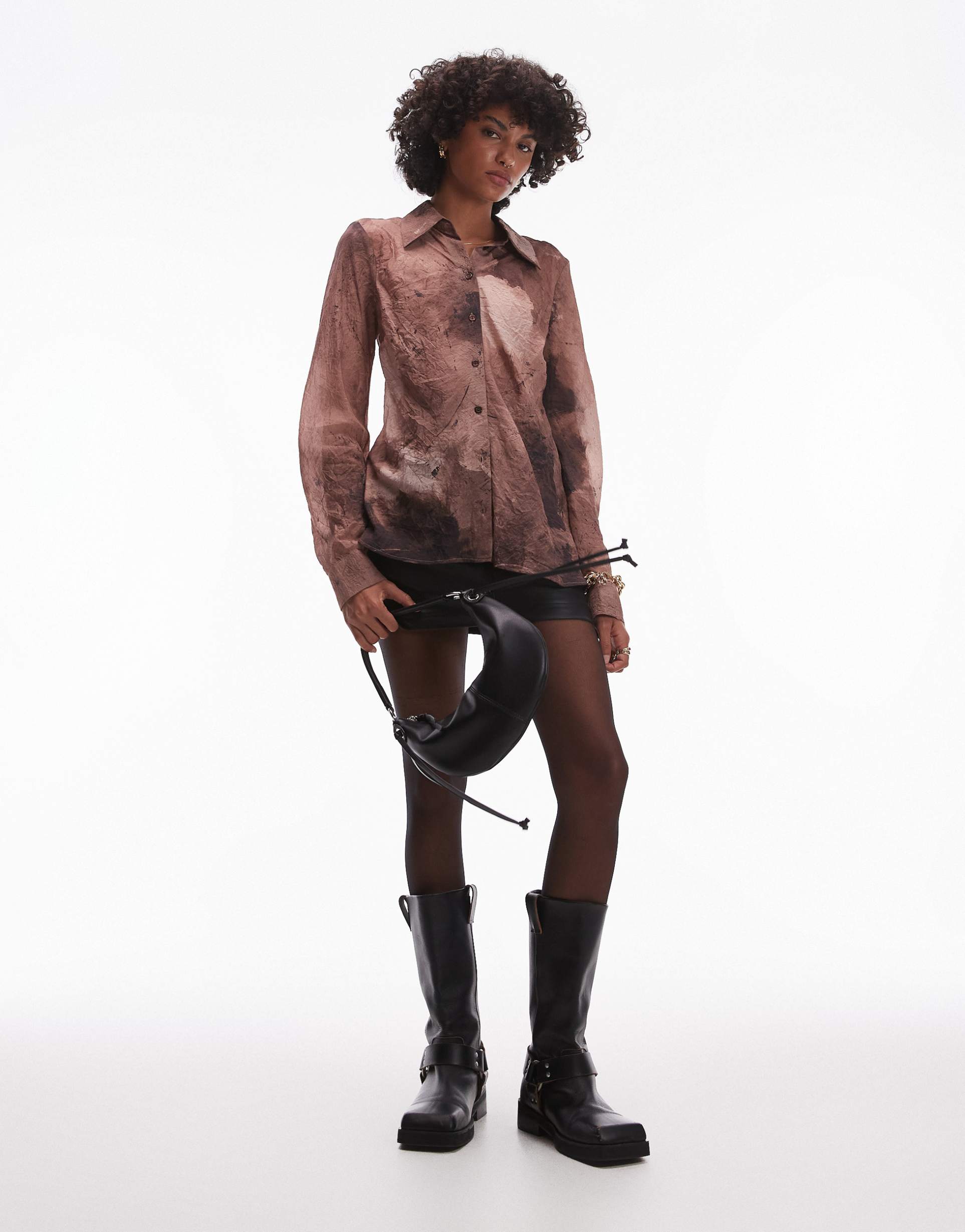 topshop bias textured shirt in brown spray print