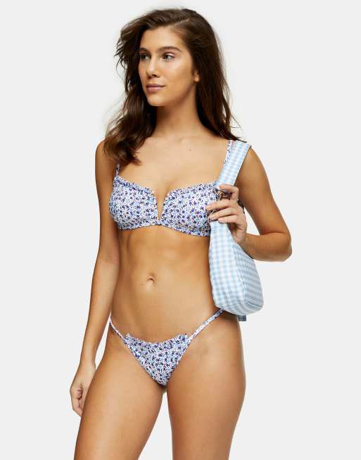 Topshop – Biały dół od bikini z ozdobnym wykończeniem i wzorem w drobne kwiaty