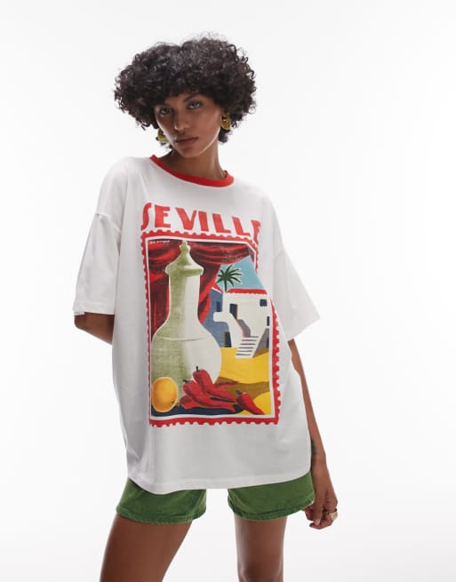 Topshop – Biały dżersejowy T-shirt z kontrastowymi lamówkami i grafiką z napisem Seville, 2 z 4