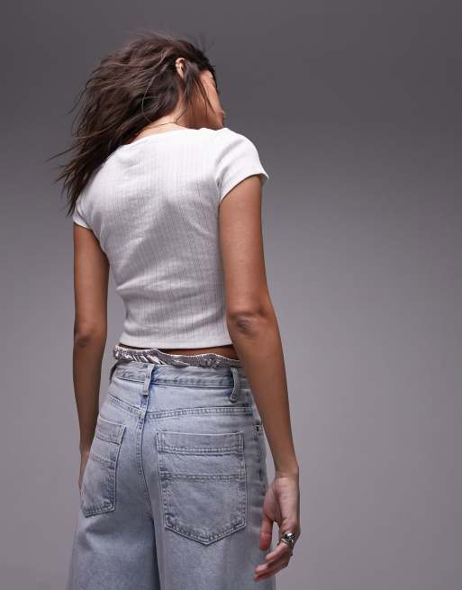 Topshop – Biały krótki T-shirt z dzianiny pointelle, 3 z 4