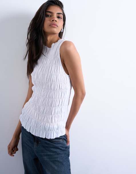 Topshop – Biały marszczony top bez rękawów - view 1