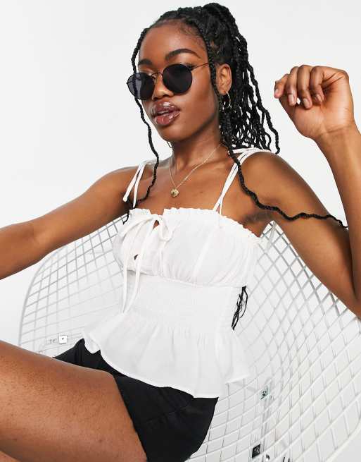 Topshop – Biały marszczony top na ramiączkach