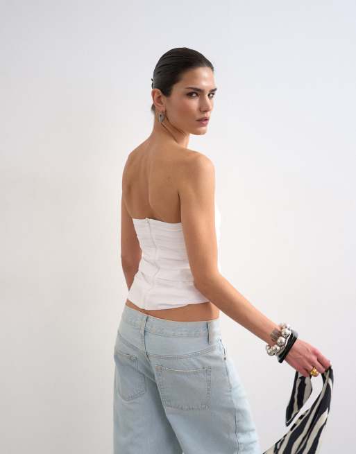Topshop – Biały marszczony top z dekoltem bandeau, 4 z 4