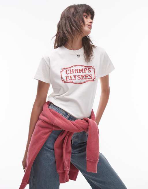 Topshop – Biały T-shirt o pudełkowym kroju z grafiką z napisem Champs Elysees
