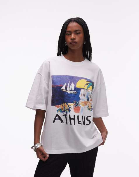 Topshop – Biały T-shirt oversize z dżerseju z wakacyjną grafiką z motywem Aten - view 1